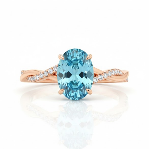 Oval-Cut Blue Topaz Ring in 14K Rose Gold with Pavé Diamond Twisted Shank