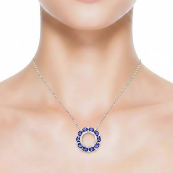 Natural Blue Sapphire Halo Pendant in 14K White Gold with Diamond Accents
