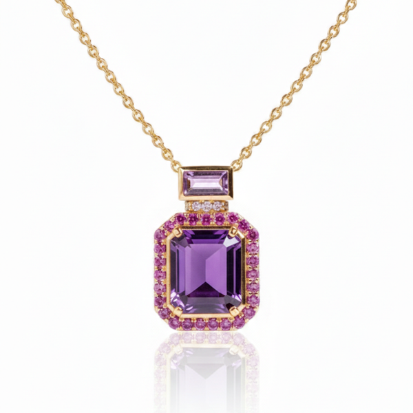 Emerald-Cut Amethyst&Rhodolite Pendant Halo in Yellow Gold