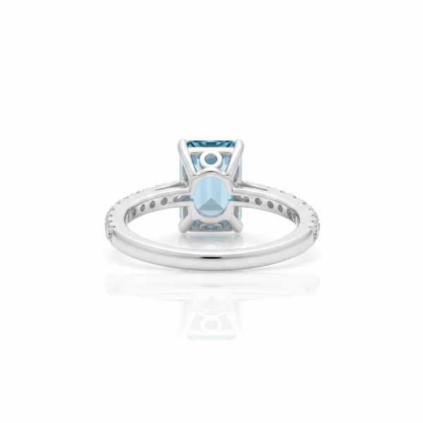 Emerald-Cut Blue Topaz Solitaire Ring in 14K White Gold with Pavé Diamond Band