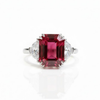 Emerald-Cut Ruby Three-Stone Ring with Diamond Accents