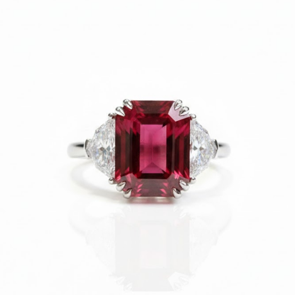 Emerald-Cut Ruby Three-Stone Ring with Diamond Accents