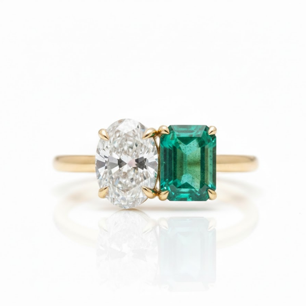 Cushion-Cut Emerald and Oval Lab Grown Diamond Duo Solitaire Ring