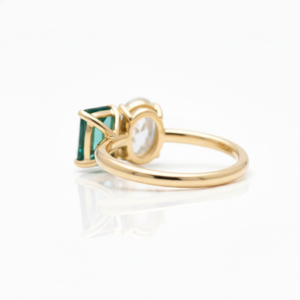 Cushion-Cut Emerald and Oval Lab Grown Diamond Duo Solitaire Ring