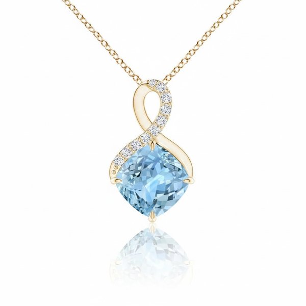 Cushion-Cut Blue Topaz Pendant in 14K Yellow Gold with Diamond Infinity Bale