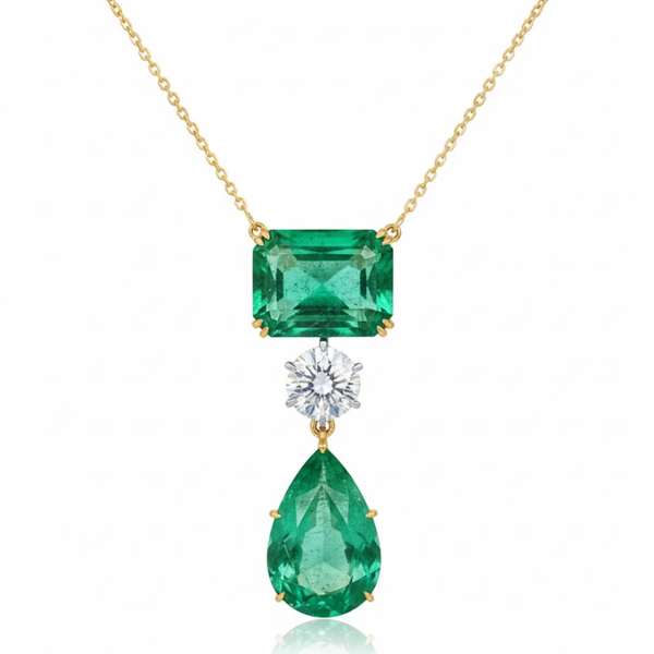 Natural Emerald In Radiant & Drop - Cut With a Flawless Setting on Diamond Pendant