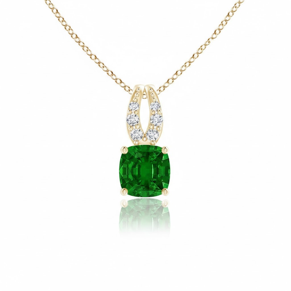Cushion-Cut Emerald Solitaire Pendant in 14K Yellow Gold with Diamond Horseshoe Bale