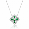 Intricate White Gold Emerald Pendant featuring a Radiant Pave Diamond Flower Motif
