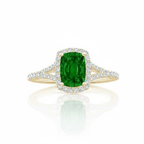 Cushion-Cut Emerald Split-Shank Ring with Lab Grown Diamond Halo