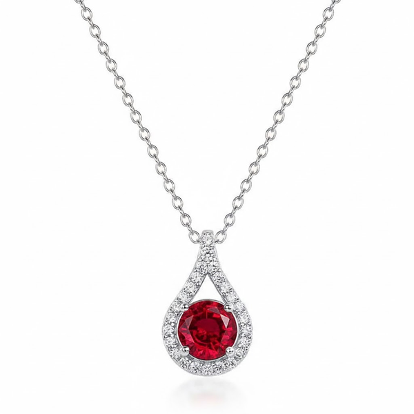 Round-Cut Ruby Teardrop Halo Pendant with Diamond-Set Open Bale