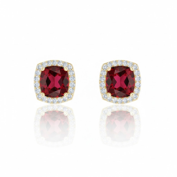 Cushion-Cut Ruby Halo Stud Earrings with Diamond Accents
