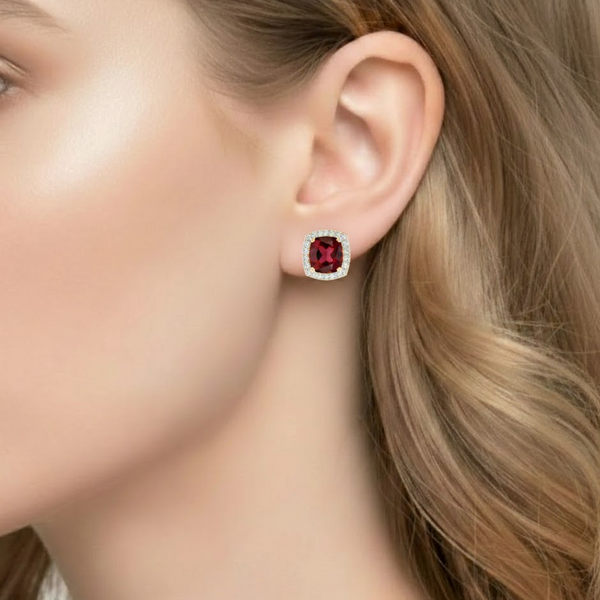 Cushion-Cut Ruby Halo Stud Earrings with Diamond Accents