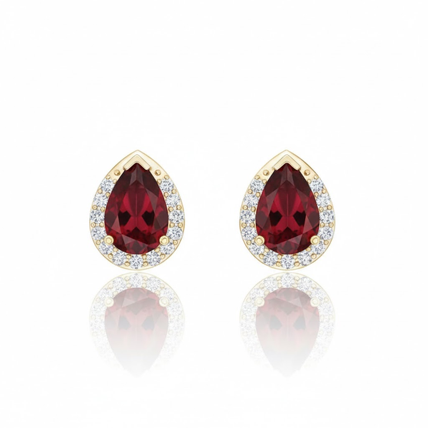 Pear-Cut Ruby Halo Stud Earrings with Diamond Accents