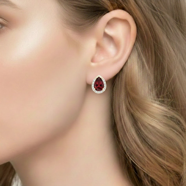 Pear-Cut Ruby Halo Stud Earrings with Diamond Accents