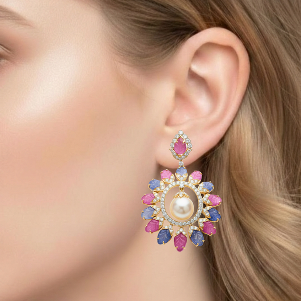 Carved Pink and Blue Tourmaline Floral Earrings with South Sea Pearl Centers