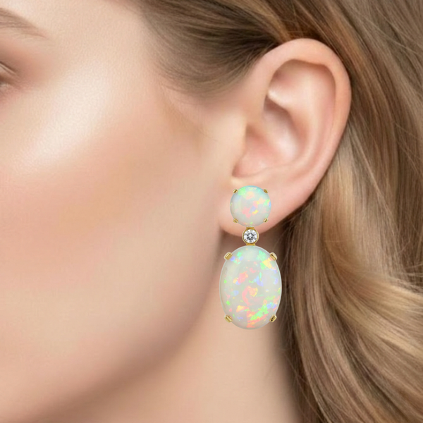 Oval and Round-Cut Opal Tiered Drop Earrings with Diamond Accents