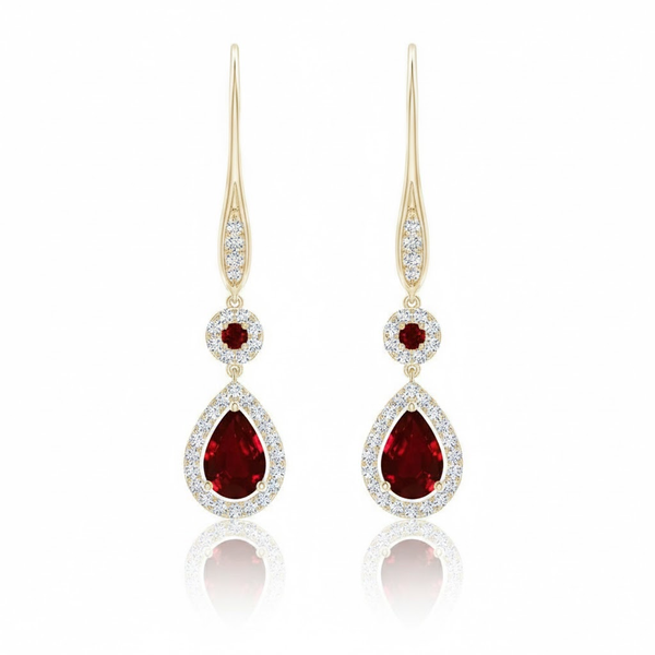 Round and Pear Ruby Tiered Drop Earrings with Diamond Halo