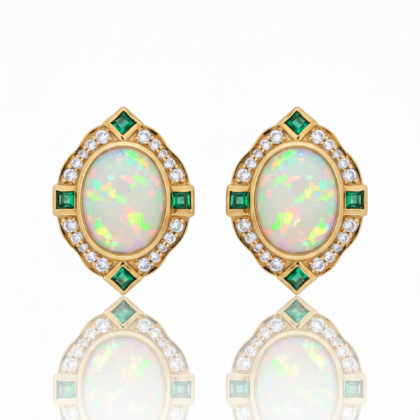 Oval-Cut Opal and Emerald Halo Earrings with Diamond Accents