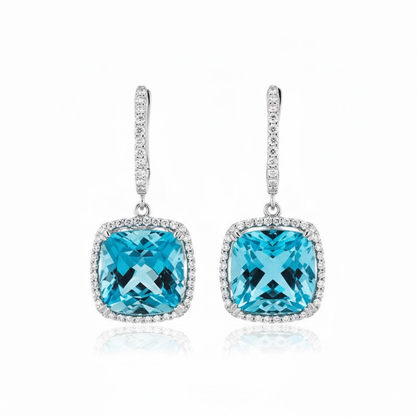 Cushion Blue Topaz Drops with Shimmering Diamond Frames