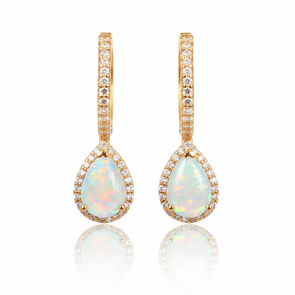 Pear-Cut Opal Halo Drop Earrings with Diamond-Set Hoops