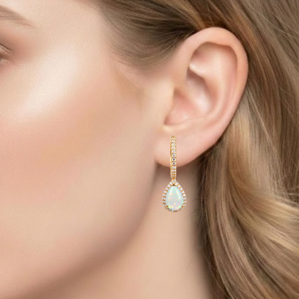 Pear-Cut Opal Halo Drop Earrings with Diamond-Set Hoops