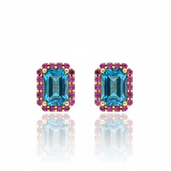 Blue Topaz Centerpiece Earrings with a Radiant Pink Rhodolite Border
