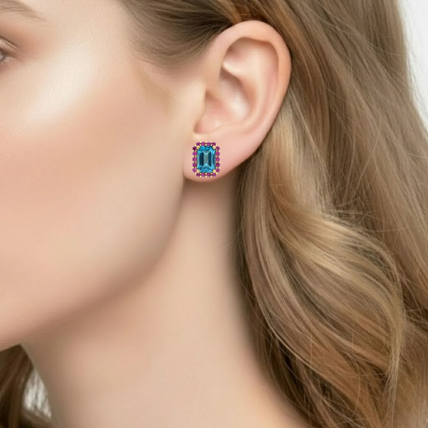 Blue Topaz Centerpiece Earrings with a Radiant Pink Rhodolite Border