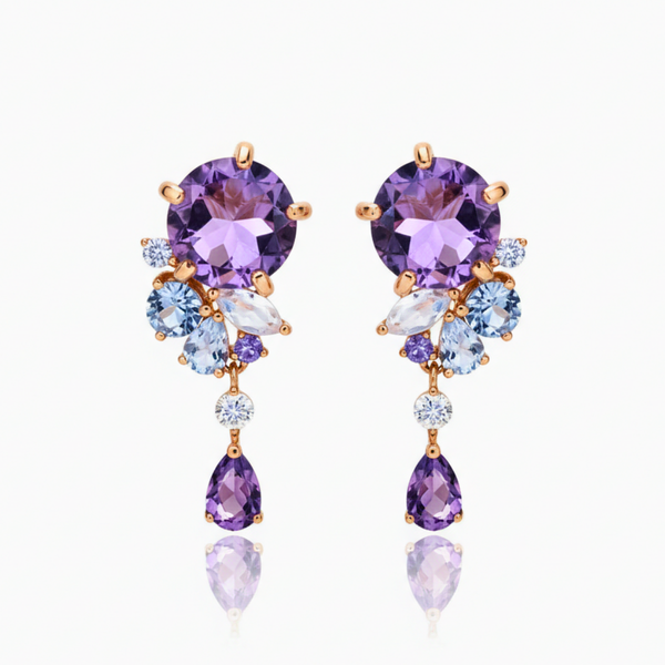 Oval and Pear-Cut Amethyst Drop Earrings with Blue Topaz Cluster Accents