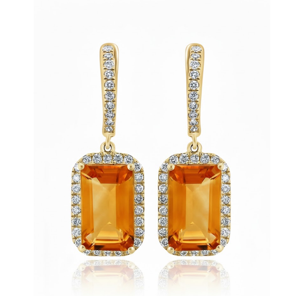 Emerald-Cut Citrine Halo Earrings in 14K Yellow Gold with Diamond Lever-Backs