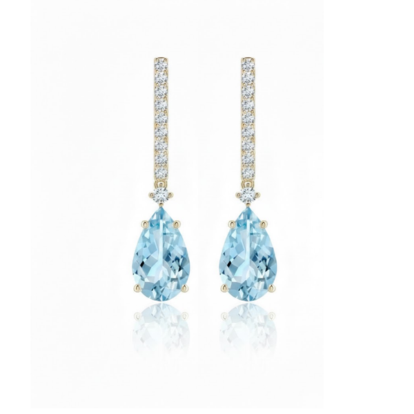 Pear-Cut Blue Topaz Drop Earrings with Diamond-Set Linear Posts