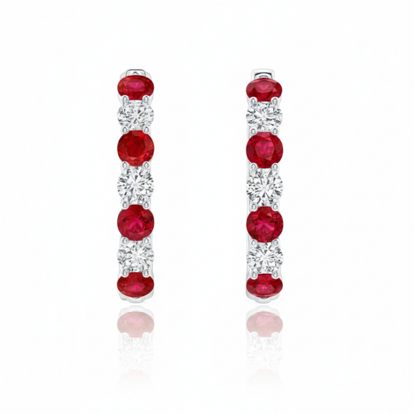 Modern Round Ruby Drop Earrings with Sequential Diamond Accents