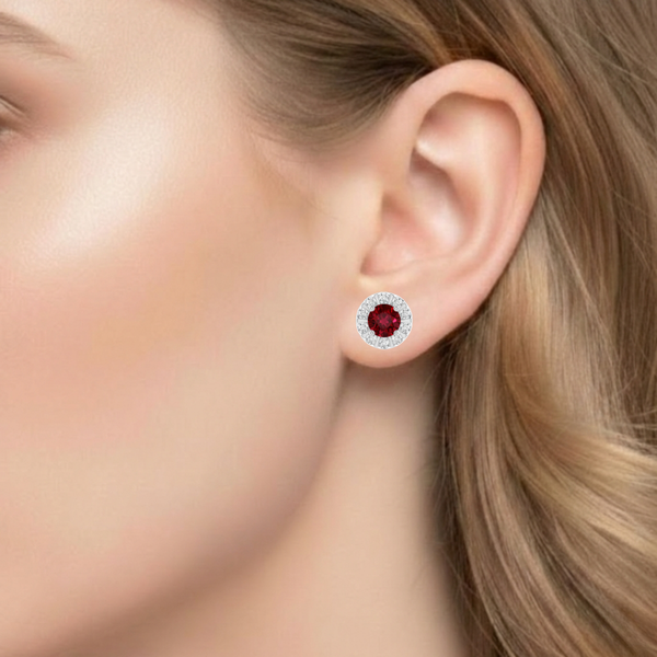 Round-Cut Ruby Stud Earrings with White Gold Architectural Diamond Halo