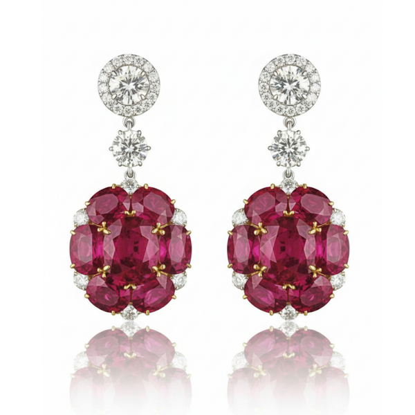 Oval-Cut Ruby Cluster Drop Earrings with Lab Grown Diamond Halo Accents