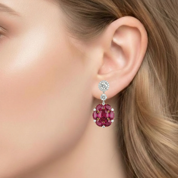 Oval-Cut Ruby Cluster Drop Earrings with Lab Grown Diamond Halo Accents