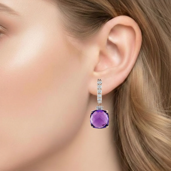 Round-Cut Checkerboard Amethyst Drop Earrings with Diamond-Set Hoops