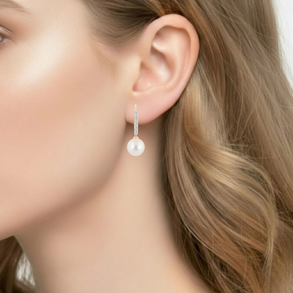 Pearl Drop Earrings with Pavé-Diamond Swirls in 14K Yellow Gold