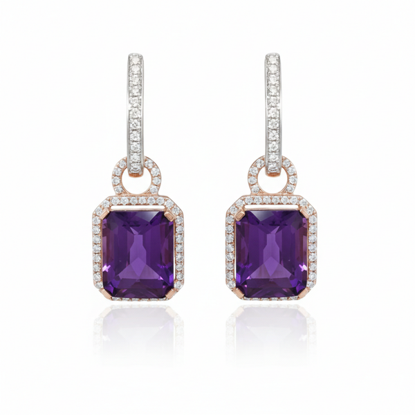 Cushion-Cut Amethyst Drop Earrings with Rose Gold Diamond Halo