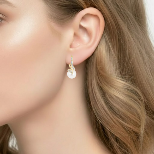 Natural Freshwater Pearl Drop Earrings in 14K Yellow Gold with Diamond Swirls