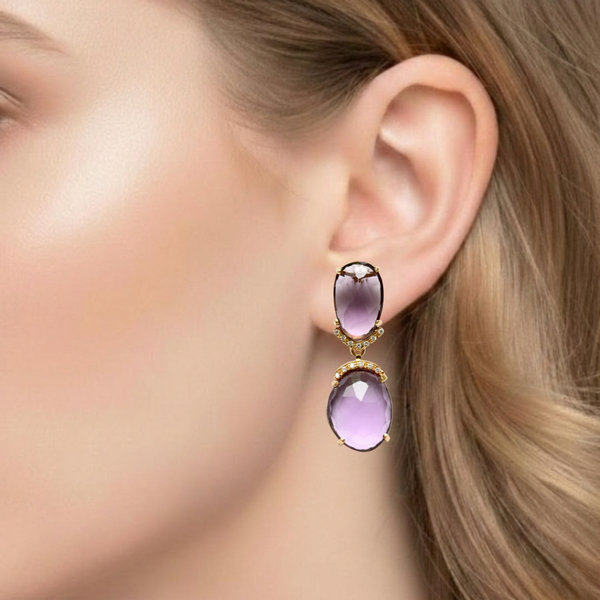 Oval -Cut Amethyst Drop Earrings with Intricate Round-Cut Blossom Tops
