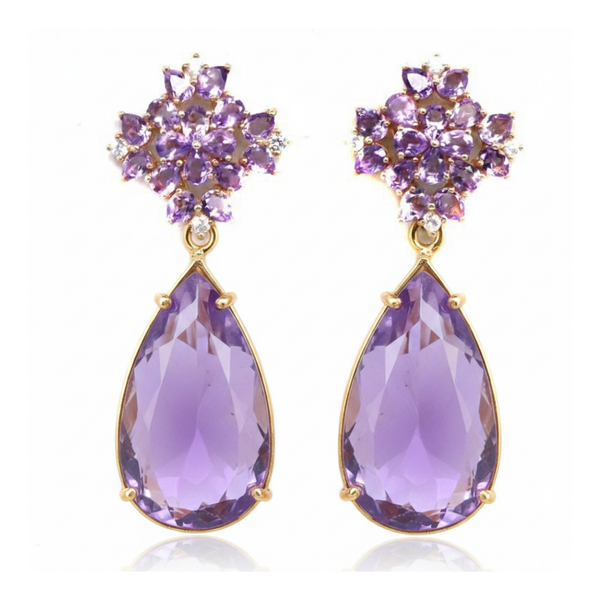 Pear-Cut Amethyst Drop Earrings with Intricate Floral Cluster Tops