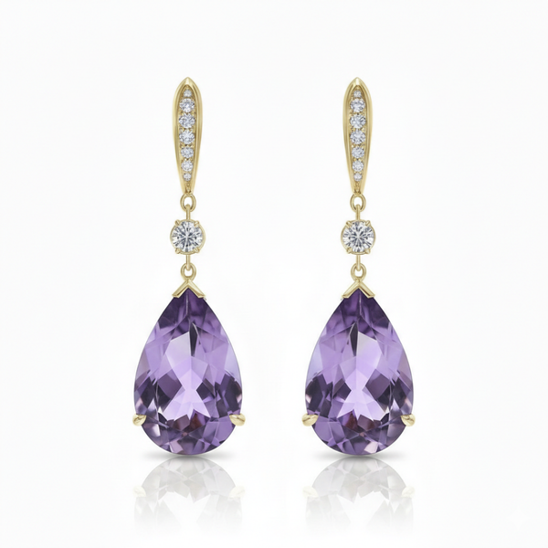 Pear-Cut Amethyst Drop Earrings with Graduated Diamond Accents