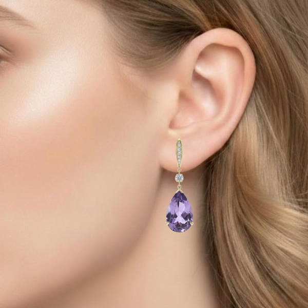 Pear-Cut Amethyst Drop Earrings with Graduated Diamond Accents