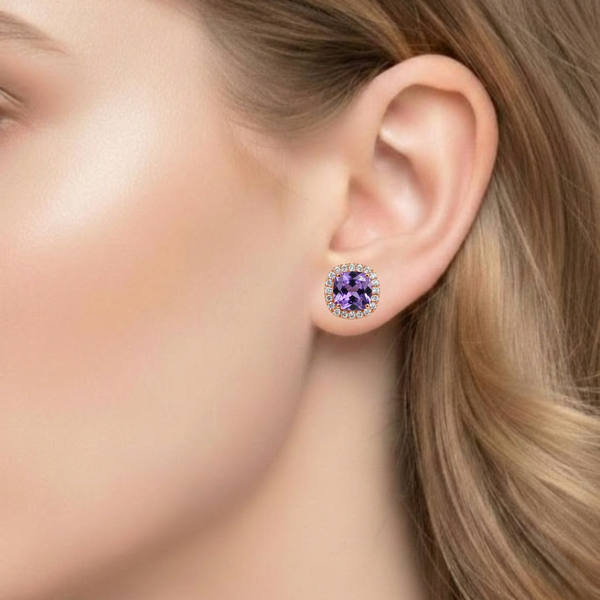 Cushion-Cut Amethyst Stud earrings with Diamond Halo