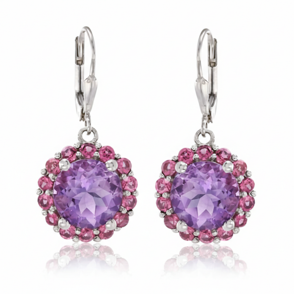 Round-Cut Amethyst and Ruby Halo Drop Earrings in White Gold