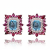 Cushion-Cut Blue Topaz Stud Earrings with Pear-Cut Ruby Sunburst Halo