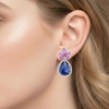 Blue Sapphire and Carved Ruby Drop Earrings in White Gold with Diamond Halo
