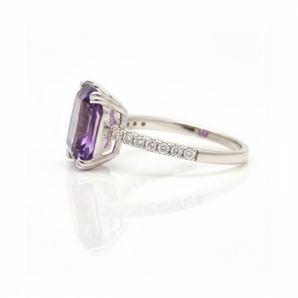 Cushion-Cut Amethyst Solitaire with Diamond Pavé Band