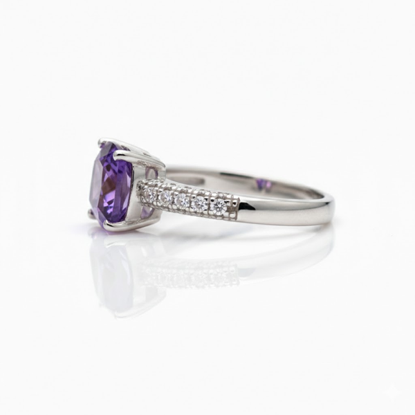 Cushion-Cut Amethyst Solitaire with Diamond Pavé Band