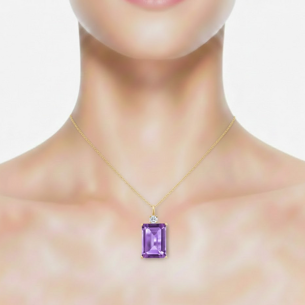 Emerald-Cut Amethyst Solitaire Pendant in 14K Yellow Gold with Diamond Accent