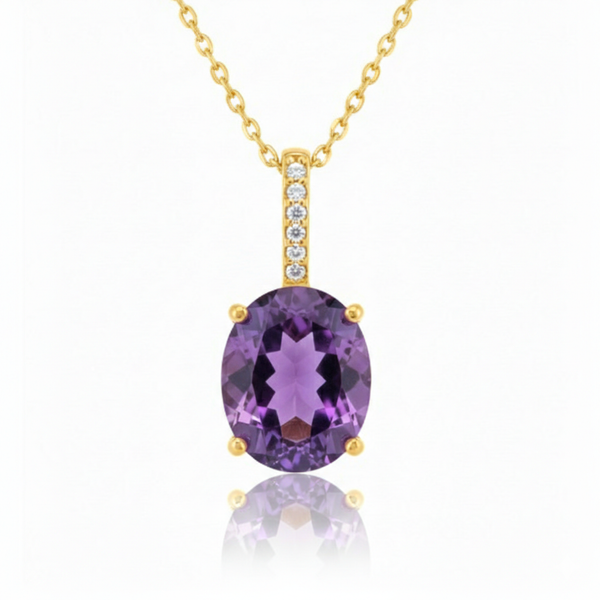 Oval-Cut Amethyst Solitaire Pendant in 14K Yellow Gold with Diamond-Set Bale
